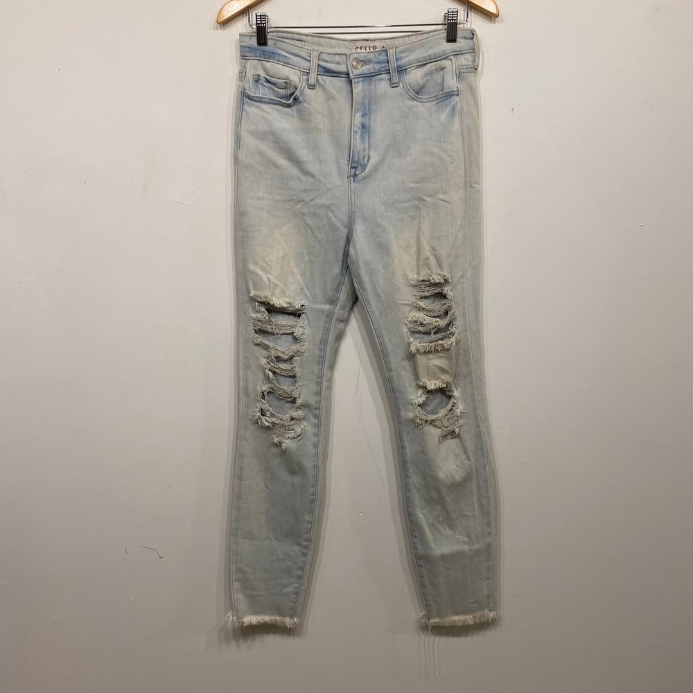 Cello Womens High Rise Distressed Skinny Jeans Light Wash Frayed Hem Size 11